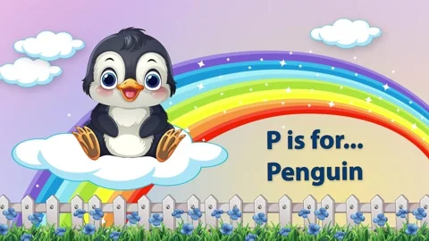Educational Alphabet Animation Featuring Cartoon Penguin and Rainbow Background Stock Footage 344845856