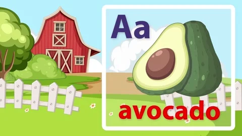 Educational Alphabet Animation Featuring Letter A and Avocado on Farm Background Stock Footage 341378198