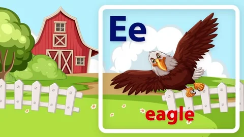 Educational Alphabet Animation Featuring Letter E and Cartoon Eagle on Farm Stock Footage 341462207