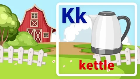 Educational Alphabet Animation Featuring Letter K and Kettle on Farm Background Stock Footage 341723974