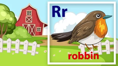 Educational Alphabet Animation Featuring Letter R and Robin Bird on Farm Stock Footage 343819831