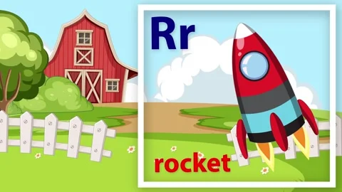 Educational Alphabet Animation Featuring Letter R and Cartoon Rocket on Farm Stock Footage 344833265