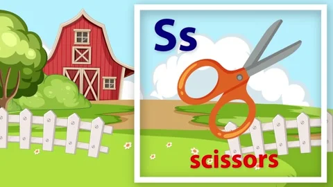 Educational Alphabet Animation Featuring the Letter S and Scissors on a Farm Video stock 346571546