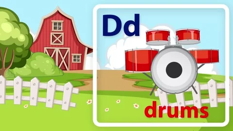 Educational Alphabet Animation for Letter D with Drums and Farm Background Stock Footage 341723828