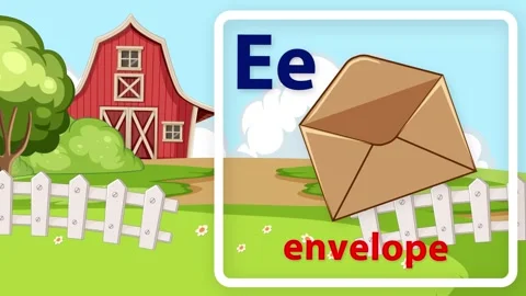 Educational Alphabet Animation for Letter E with Envelope and Farm Background Stock Footage 341723394