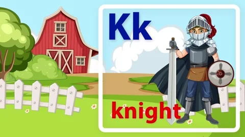 Educational Alphabet Animation for Letter K with Knight and Farm Background Stock Footage 341550198