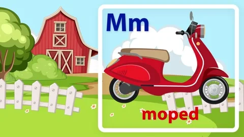 Educational Alphabet Animation for Letter M with Red Moped and Farm Background Stock Footage 341549902