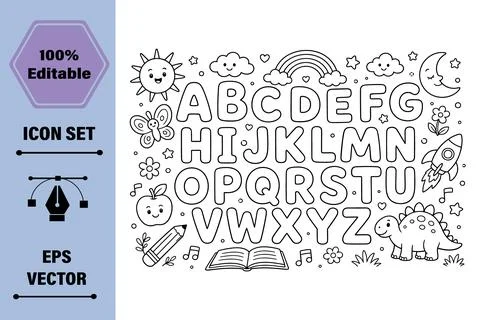 Educational Alphabet Coloring Page Featuring Cute Cartoon Doodles for Childre Stock Illustration
