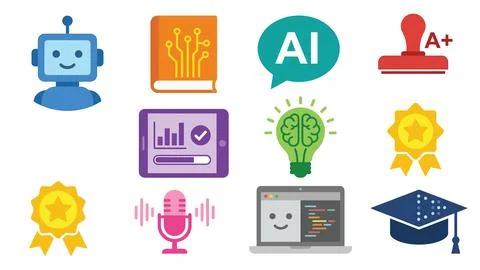 Educational and AI technology icons in a colorful and friendly cartoon styl.. Stock Illustration
