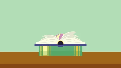 Educational animation featuring an open book and changing icons on a table. Stock-Footage 339070777