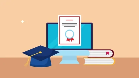 Educational animation showing a desktop computer with a graduation cap and .. Stock Footage 333722714