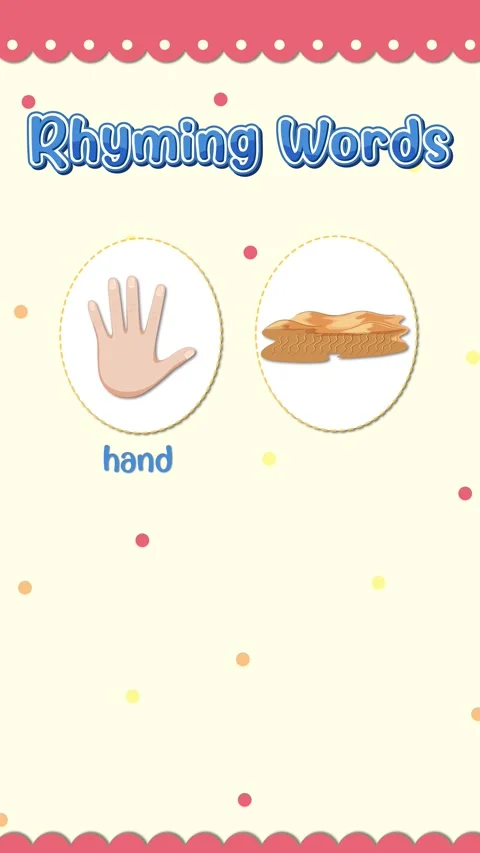 Educational Animation Teaching Rhyming Words Hand Sand Land and Band Stock Footage 331345115