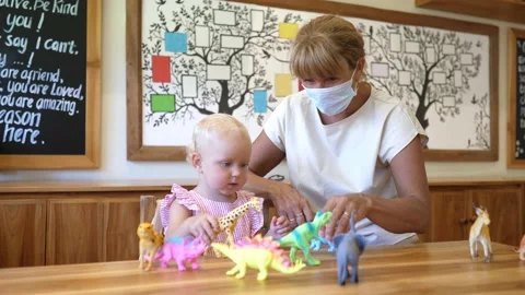 Educational bonding time during covid-19 pandemic. Lady in the face masks Video stock 154383969