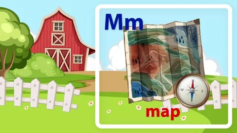 Educational Cartoon Animation for Letter M with Map and Compass Stock Footage 342314383