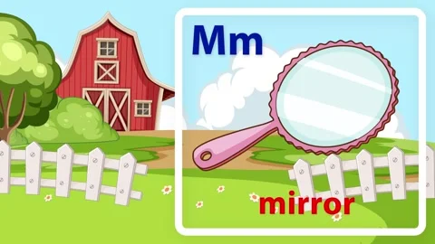 Educational Cartoon Animation for Letter M with Mirror and Farm Background Stock Footage 345197623