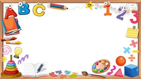 Educational cartoon border featuring school supplies, numbers, and copy space 스톡 일러스트