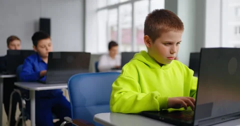 Educational Center For School Students, Boy Playing On Computer, Video Games Stock Footage 280175281