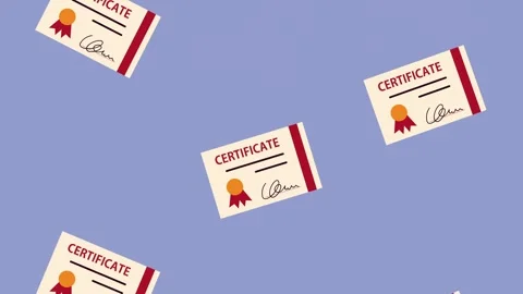 Educational certificate icons raining down against a clean blue background .. Vídeo Stock 339049714