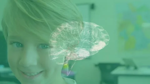 Educational closeup showing boy smiling brain hologram emerging rotating Stock Footage 318239152