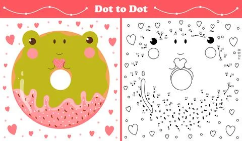 Educational coloring page with dot to dot puzzle for kids with frog shape sweet Stock Illustration
