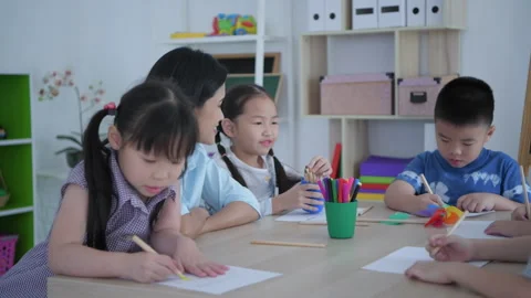 Educational concept of 4k Resolution. Kindergarten children drawing fun in .. Stock Footage 266726359