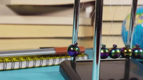 Educational Concept Newtons Cradle and School Office Equipment Tools Stock Footage 308375458
