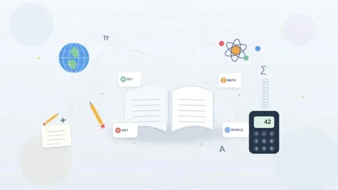 Educational Concept with Open Book Calculator and School Subjects Animation Stock Footage 344513911