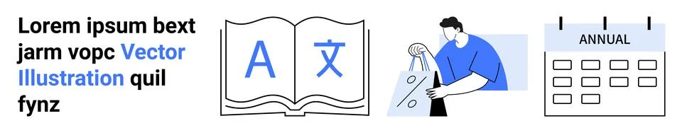 Educational Concepts with Open Book, Designer at Work, and Annual Calendar .. Stock Illustration