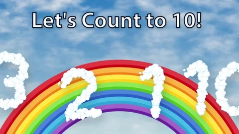 Educational Counting Animation with Cloud Numbers and Rainbow Over Blue Sky Stock Footage 341842063