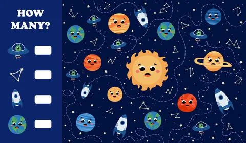 Educational counting game for kids with planets of solar system, math riddle  Stock Illustration