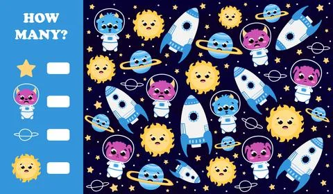 Educational counting game for kids with planets and alien astronauts, math ri Stock Illustration
