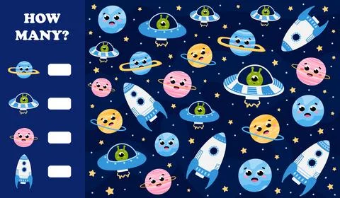 Educational counting game for kids with planets and alien spaceships, math ri Stock Illustration