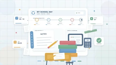 Educational Dashboard Interface Animation with School Supplies and Notes Vídeos de archivo 344353594