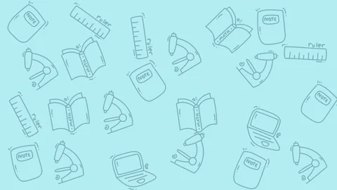 Educational doodle pattern with science and school supplies on blue background Stock Footage 344909839