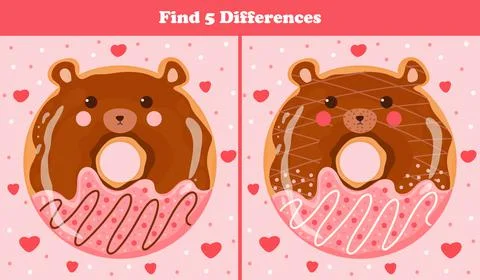 Educational find five differences puzzle for kids with cute animal donut - be Stock Illustration