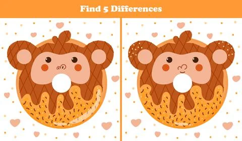 Educational find five differences puzzle for kids with cute animal donut - mo Stock Illustration