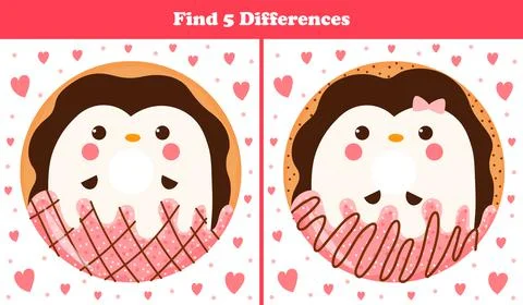 Educational find five differences puzzle for kids with cute animal donut - pe Stock Illustration
