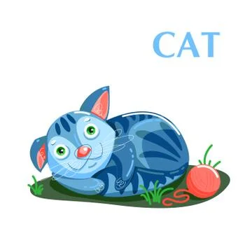 Educational flashcard kitten resting after a game with a ball of threads Stock Illustration