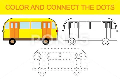 Educational game for children. Color and connect the dots to create bus. Stock Illustration