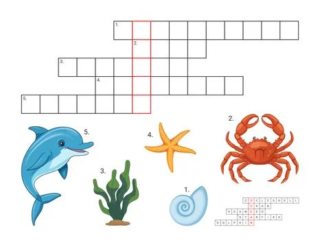 Educational game for children. Crossword on the theme of the ocean. Vector Stock Illustration