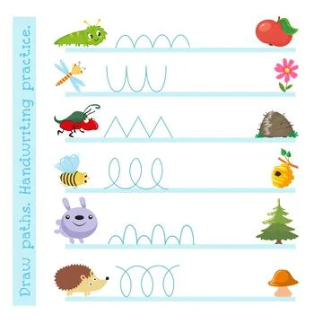 Educational game for children. Draw paths. Handwriting practice. Cute cartoon Stock Illustration