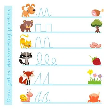Educational game for children. Draw paths. Handwriting practice. Cute cartoon Stock Illustration