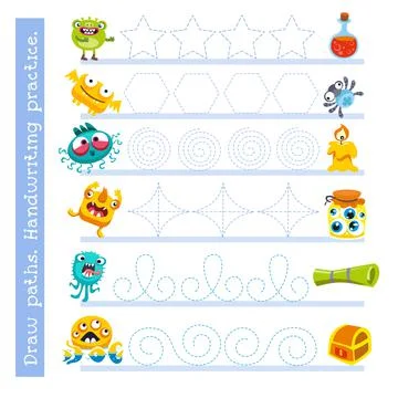 Educational game for children. Draw paths. Handwriting practice. Cute cartoon Stock Illustration