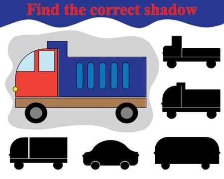Educational game for children. Find the correct shadow of dump truck. Vector  Stock Illustration