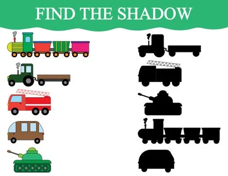 Educational game for children. Find the shadow objects of transport. Train, t Illustrazione stock