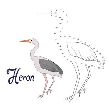 Educational game connect dots to draw heron bird Stock Illustration
