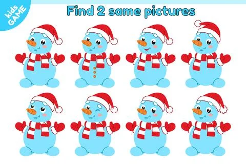Educational game Find 2 same snowman in hat Santa Stock Illustration
