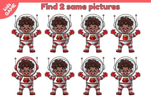 Educational game Find 2 same african boy astronaut Stock Illustration