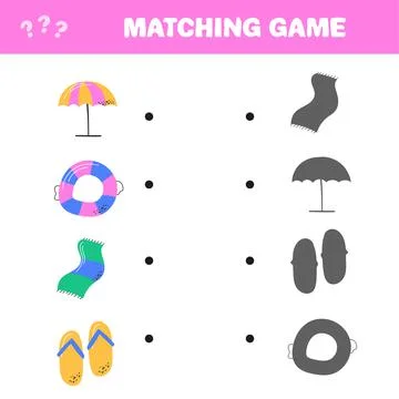 Educational game. Find the right shadow. Kids activity with summer elements 스톡 일러스트