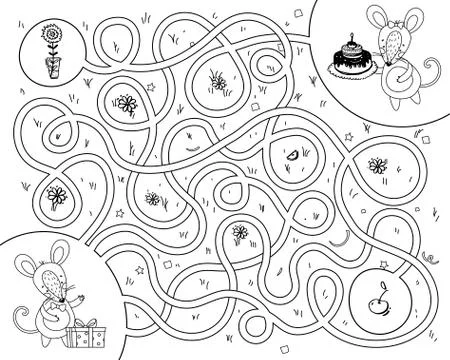 Educational game labyrinth. Help the mouse find a way to visit. Coloring book Stock Illustration